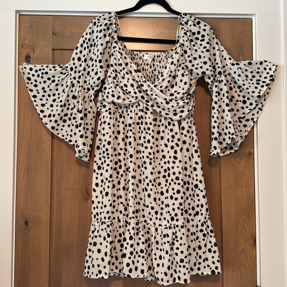 Umgee Polka Dot Smocked Mini Dress Womens S Tiered ruffle sleeve flirty Romantic